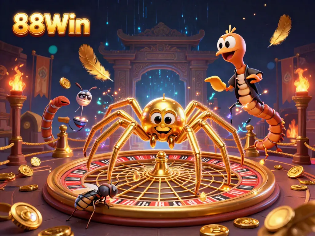 88Win showcases an exciting 3D illustration featuring a golden spider and a centipede croupier at a roulette wheel, creating vibrant casino energy.