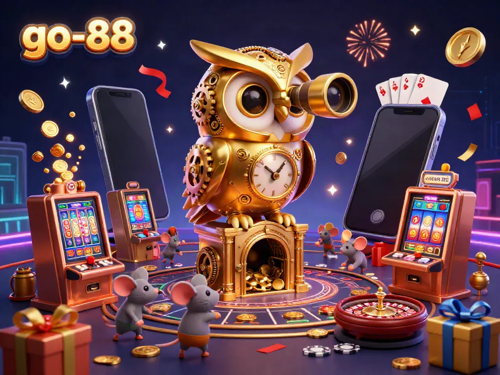 Engage with go-88's exciting atmosphere featuring a dynamic casino scene with a golden owl observing vibrant games.