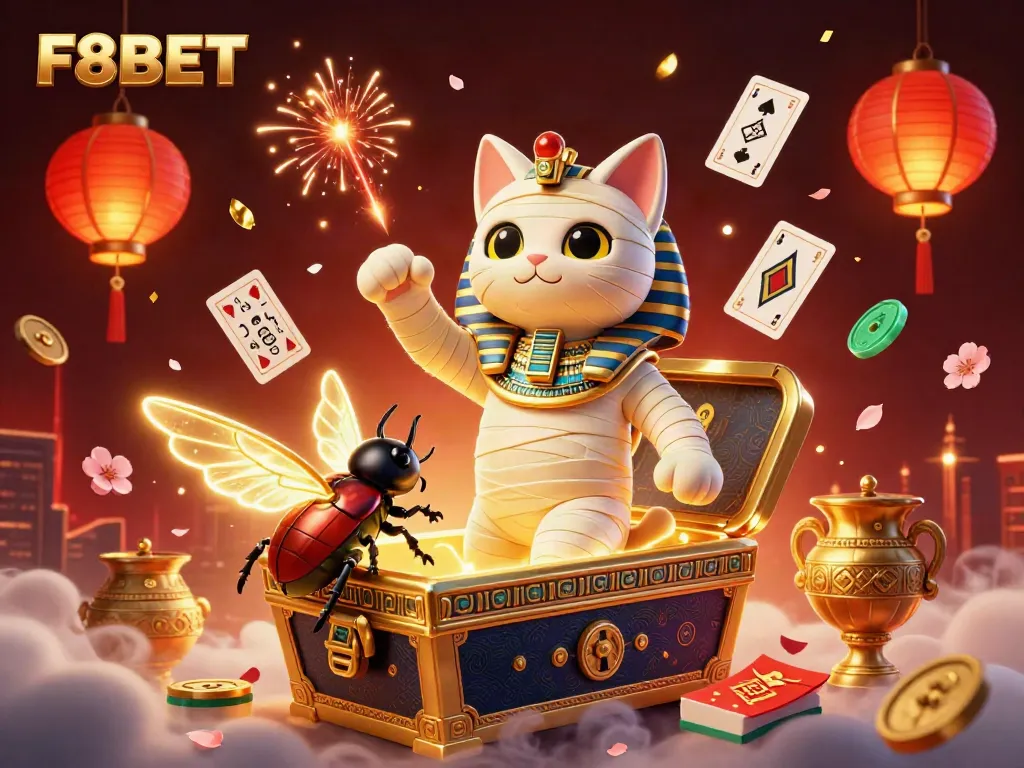 Enhance your gaming experience with F8BET's vivid 3D casino scene featuring a mummy cat and mystical elements.
