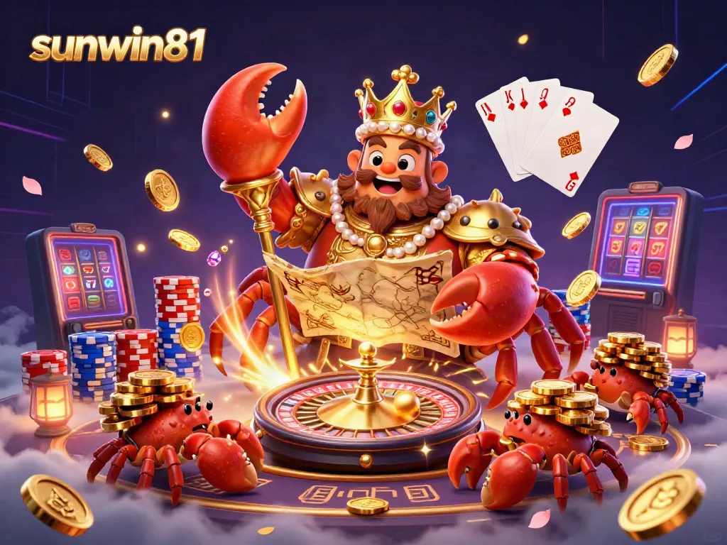 Experience the vibrant casino world of sunwin81 with a majestic golden crab emperor in a treasure-filled scene.