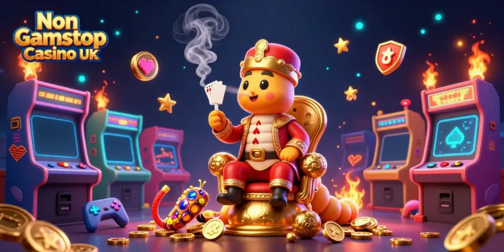 Engage with Non Gamstop Casino UK in a vibrant 3D scene showcasing animated gaming elements and fantasy characters.
