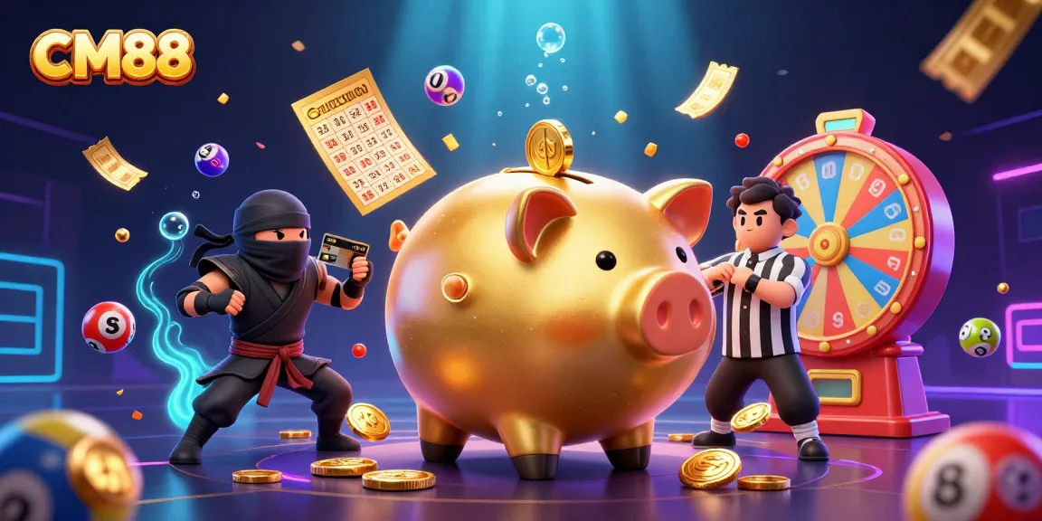 Engage with CM88's vibrant casino atmosphere in a dynamic digital illustration featuring a golden piggy bank sumo wrestler.