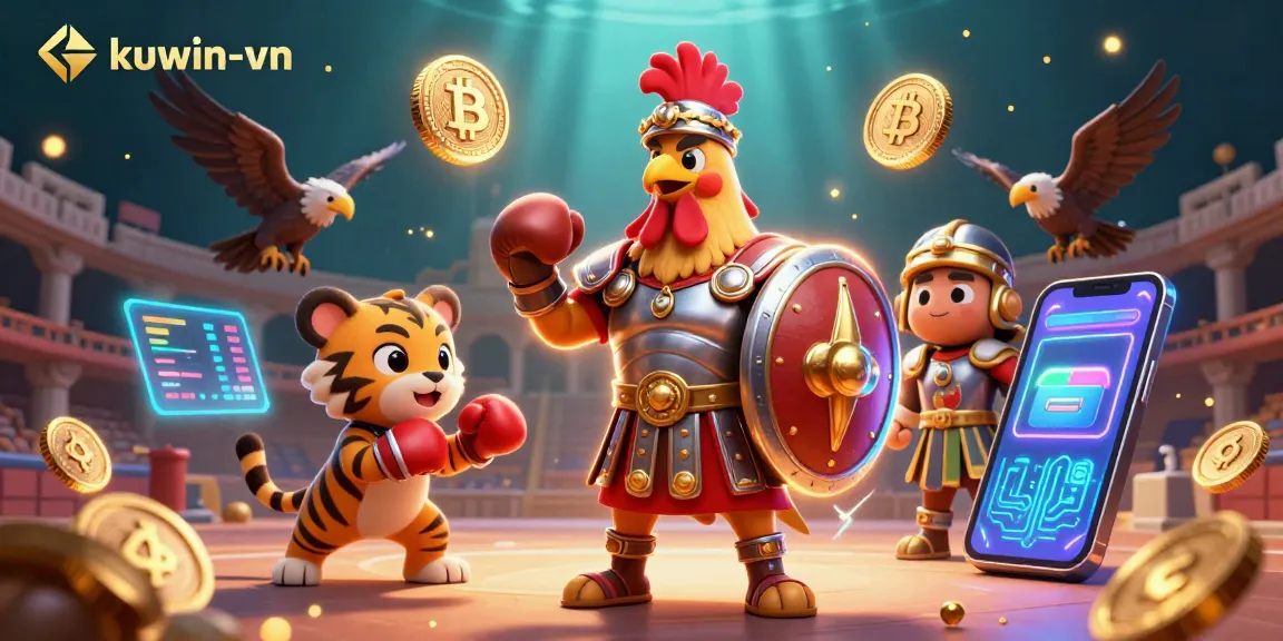 Engage with kuwin-vn's vibrant gaming scene featuring a gladiator rooster in 3D action.