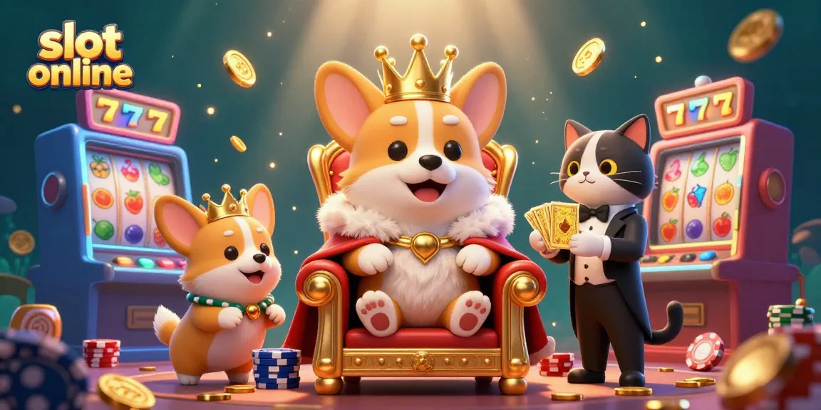 Experience thrilling slot online action with a royal corgi and cat butler in a colorful casino scene.