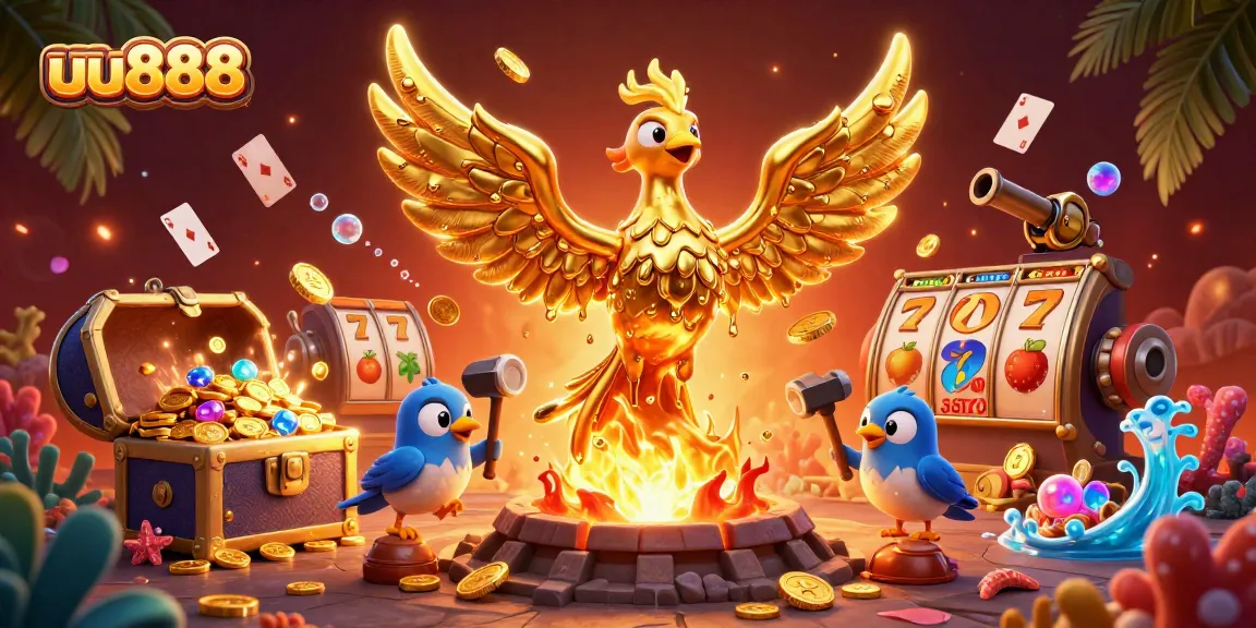 Play exhilarating games with uu888, featuring a golden phoenix and rich casino elements.