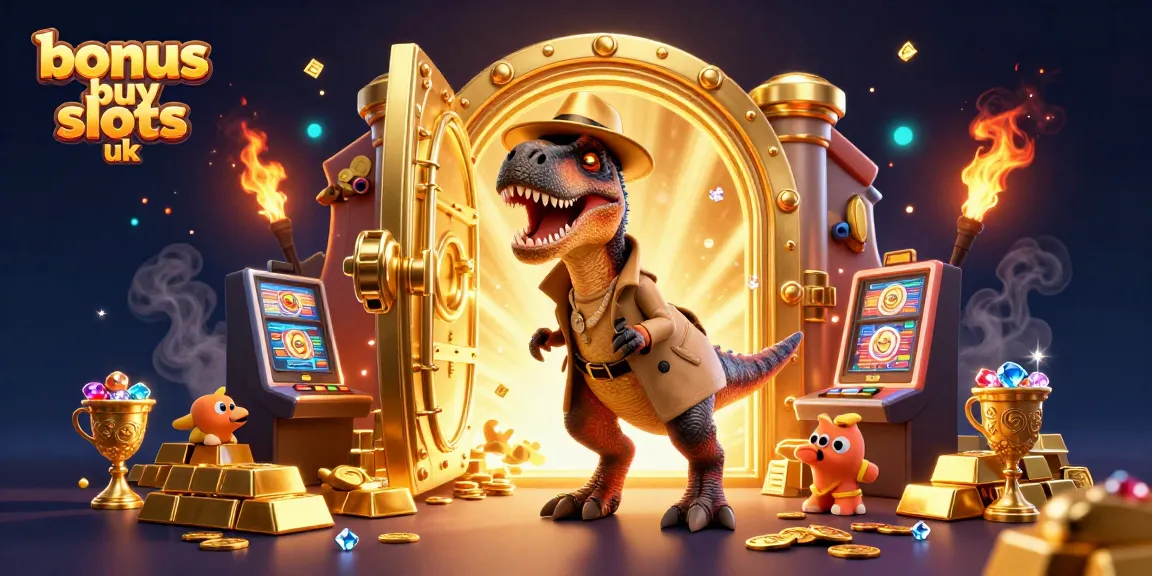 Experience thrilling bonus buy slots uk featuring a velociraptor at a slot machine with vibrant treasures.
