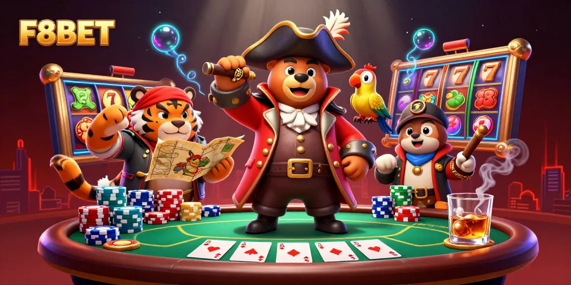Experience F8BET's thrilling gaming with dynamic elements including poker chips and slot symbols.