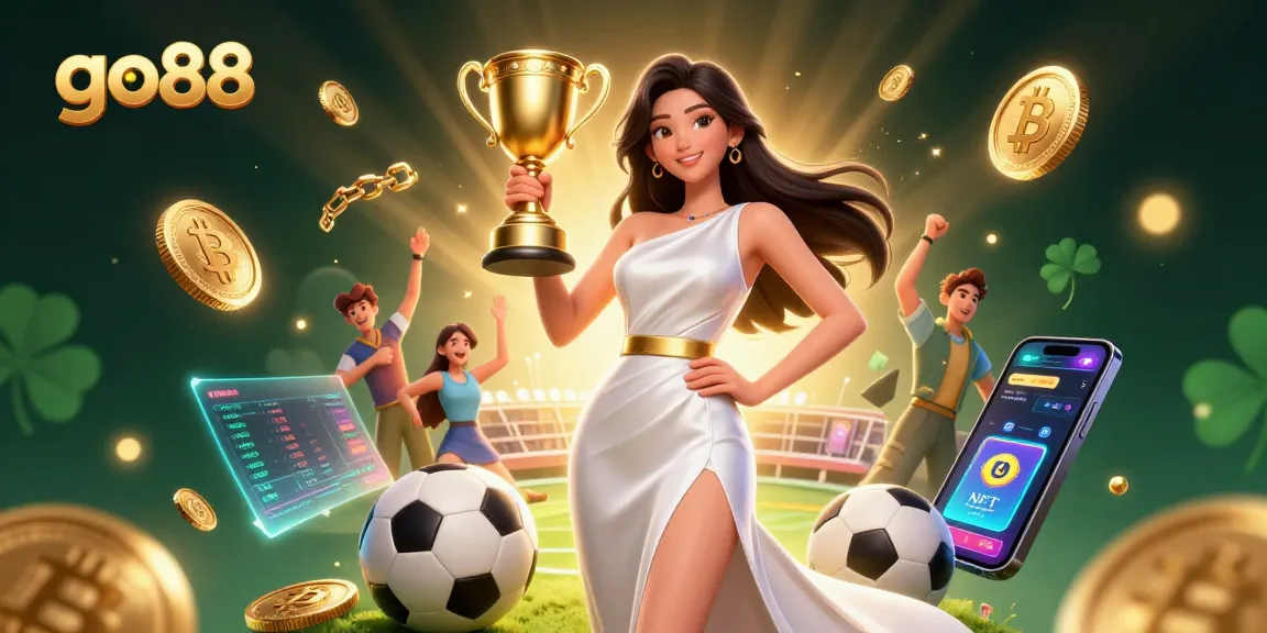 Engage with go88's thrilling gaming environment, featuring a victorious Asian woman celebrating with sports betting elements.