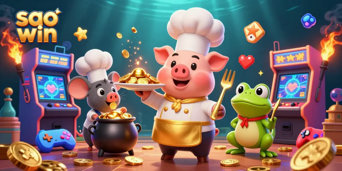 Sao win showcases a vibrant 3D casino scene with a chef pig serving gold coins amidst gaming glory.