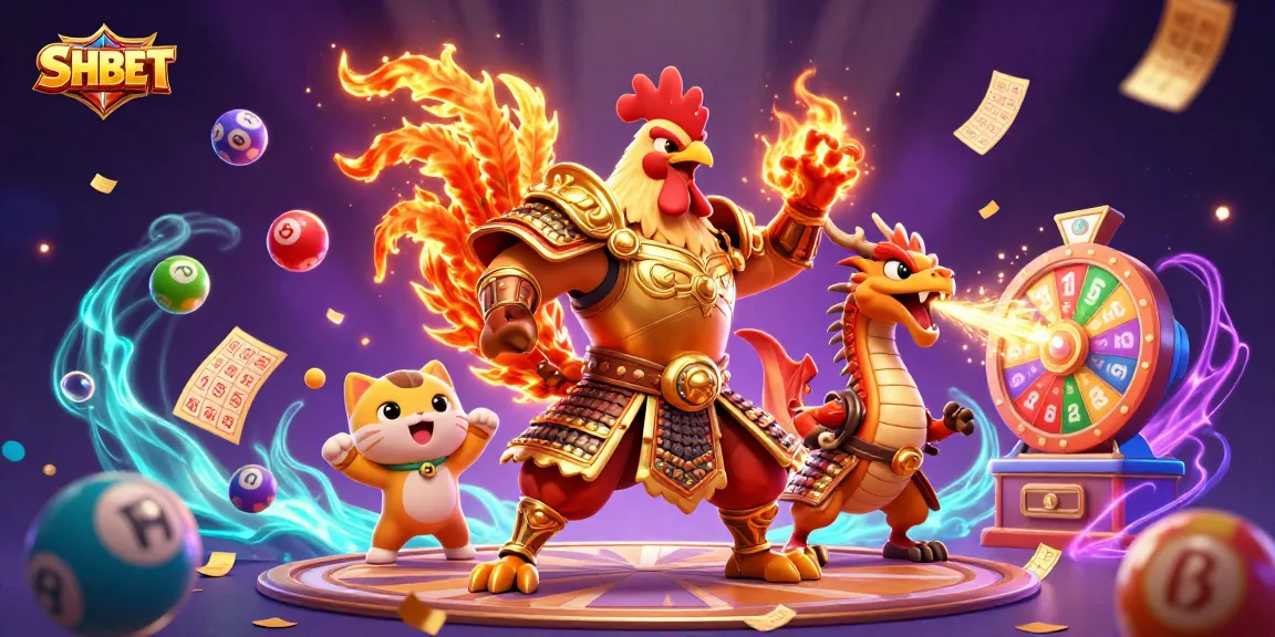 Engaging 3D illustration depicting SHBET with a colorful dynamic scene featuring a warrior rooster, dragon hatchling, and fortune cat amidst gambling elements.