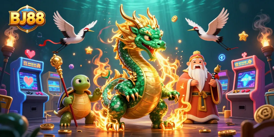 Experience the exciting gaming world of BJ88 with a jade dragon, turtle sage, and lucky cranes in a vibrant casino scene.