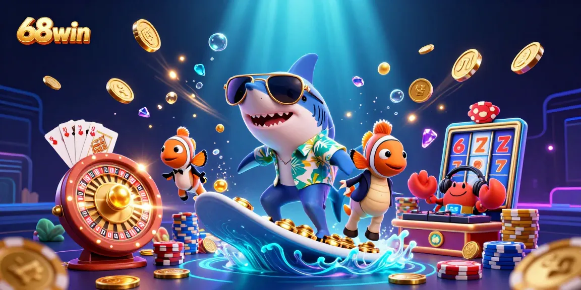 Spin and win at 68win with a vibrant 3D casino illustration showcasing playful characters and casino elements.