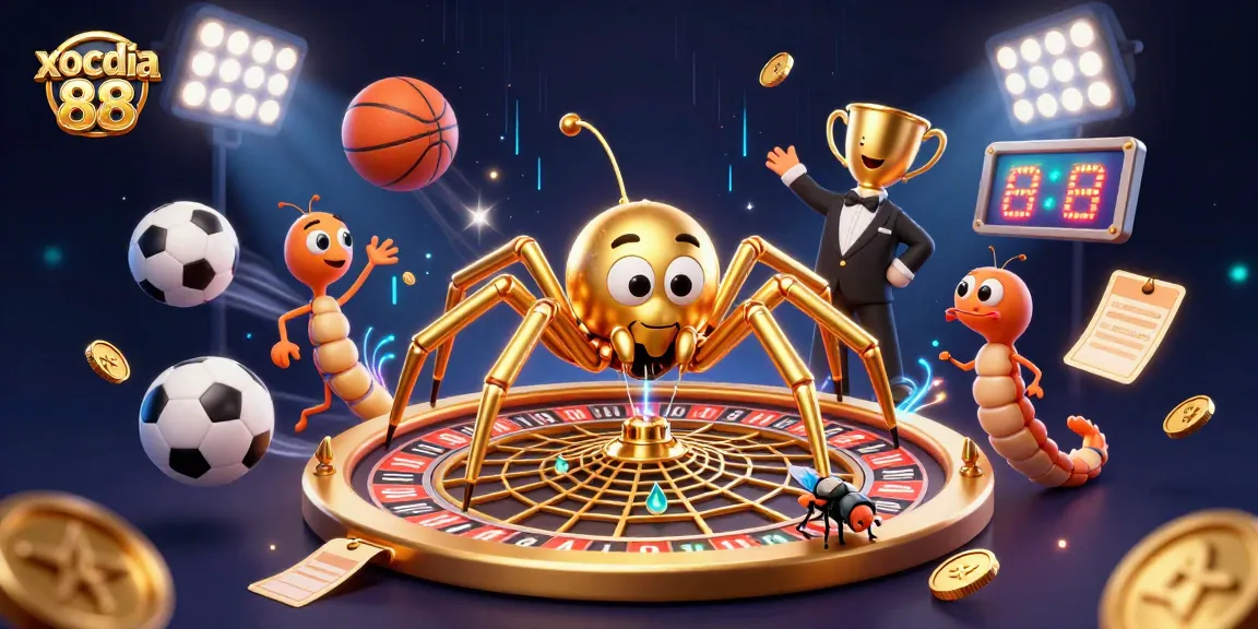 Xocdia 88 showcases an exciting online gambling scene with a golden web roulette wheel and a croupier, captivating players.