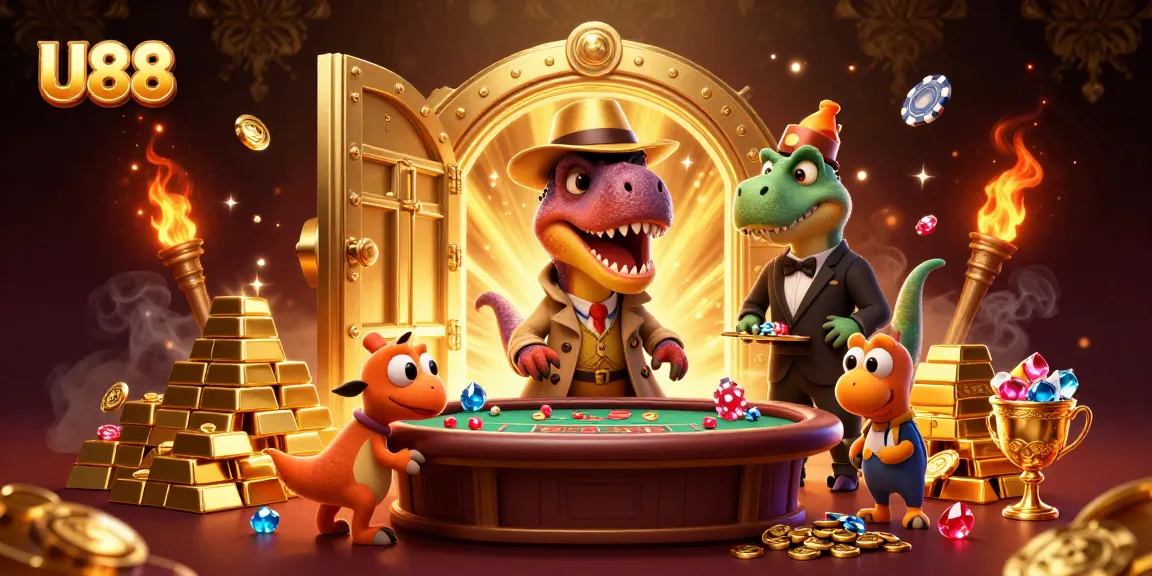 Experience U88's thrilling atmosphere with playful dinosaur characters at a luxurious casino.