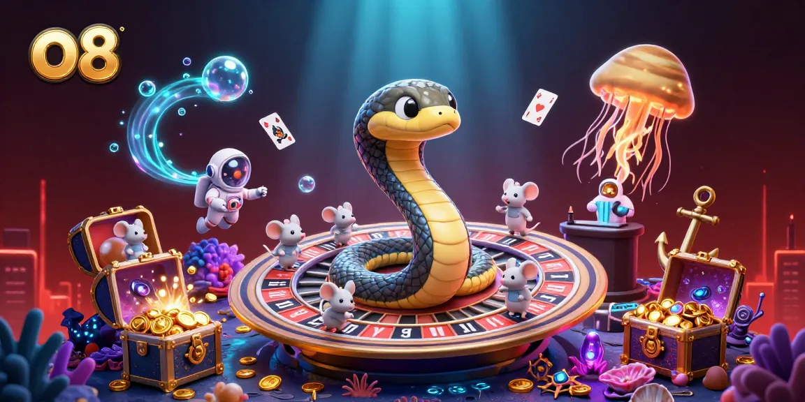 Experience thrilling bets with o8 in this vibrant 3D casino scene featuring unique characters and cosmic elements.