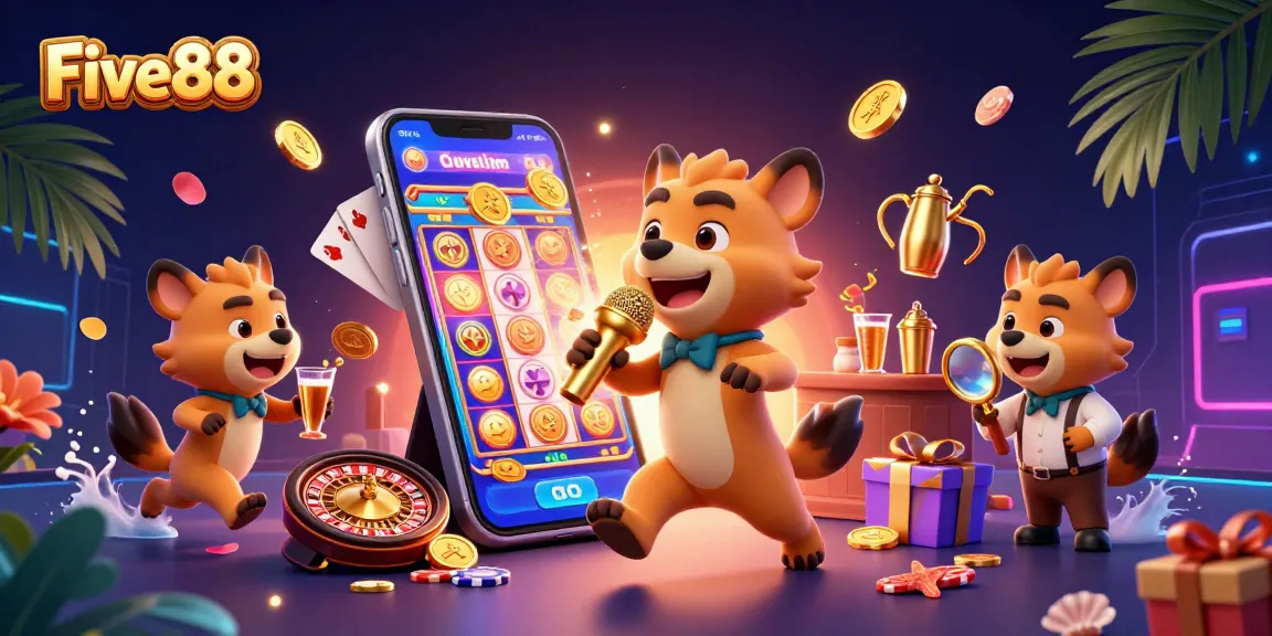 Experience the vibrant Five88 casino scene with hyenas in action, mixing drinks, and high-stakes gaming.