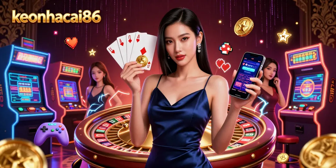 Engage with keonhacai86 through a stunning illustration of an Asian woman casino player holding a chip and smartphone amidst vibrant gaming elements.