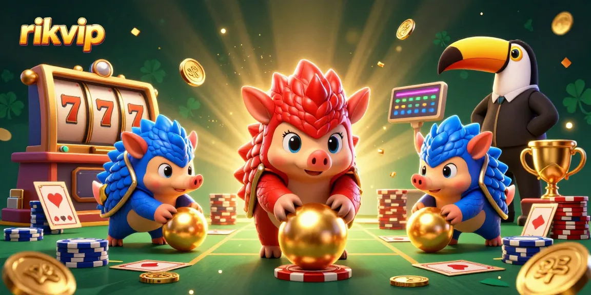 rikvip pangolins compete in a casino showdown with bright slot reels and poker chips
