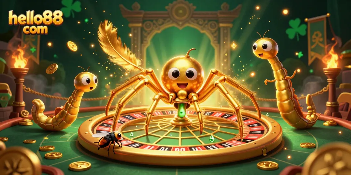 Experience the excitement of hello88 com with a golden spider spinning a roulette web, enhancing your betting thrill.