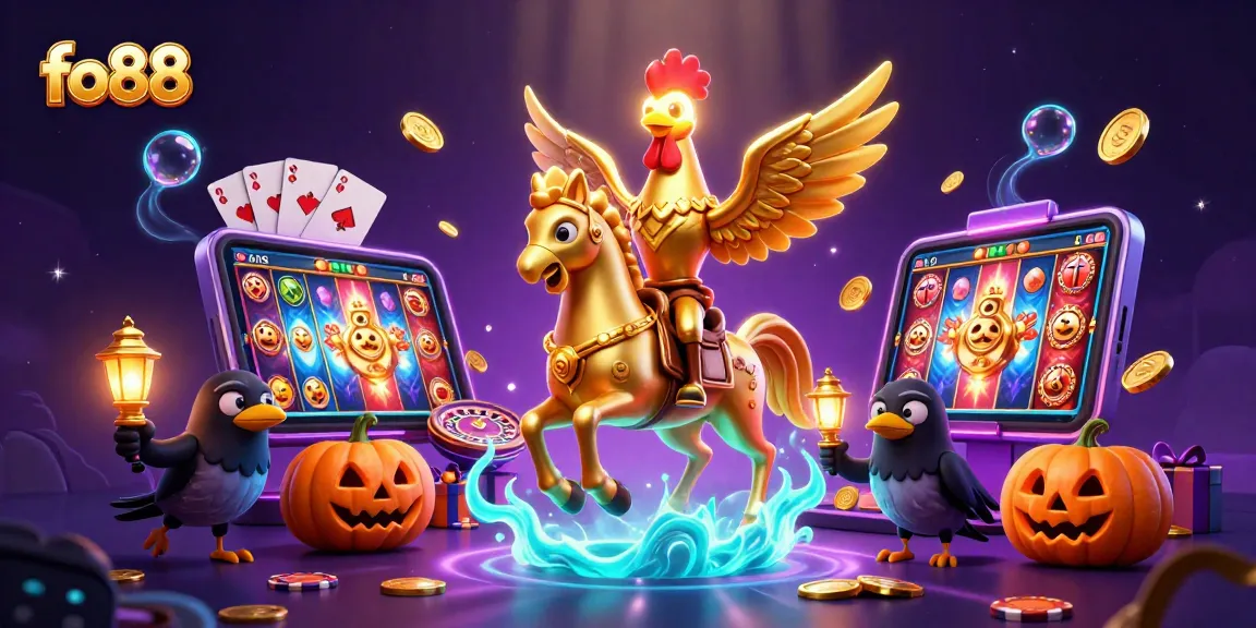Experience the thrill of fo88 with golden rooster characters in a magical casino scene.