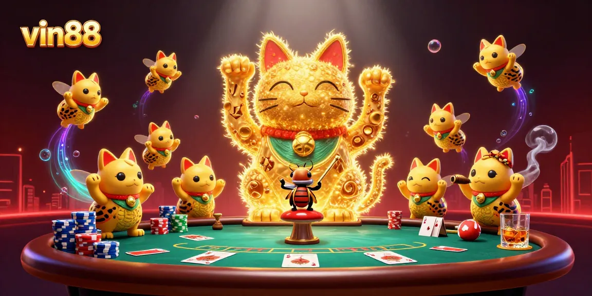Experience exciting casino action with vin88's vibrant illustration of a lucky cat and game elements.