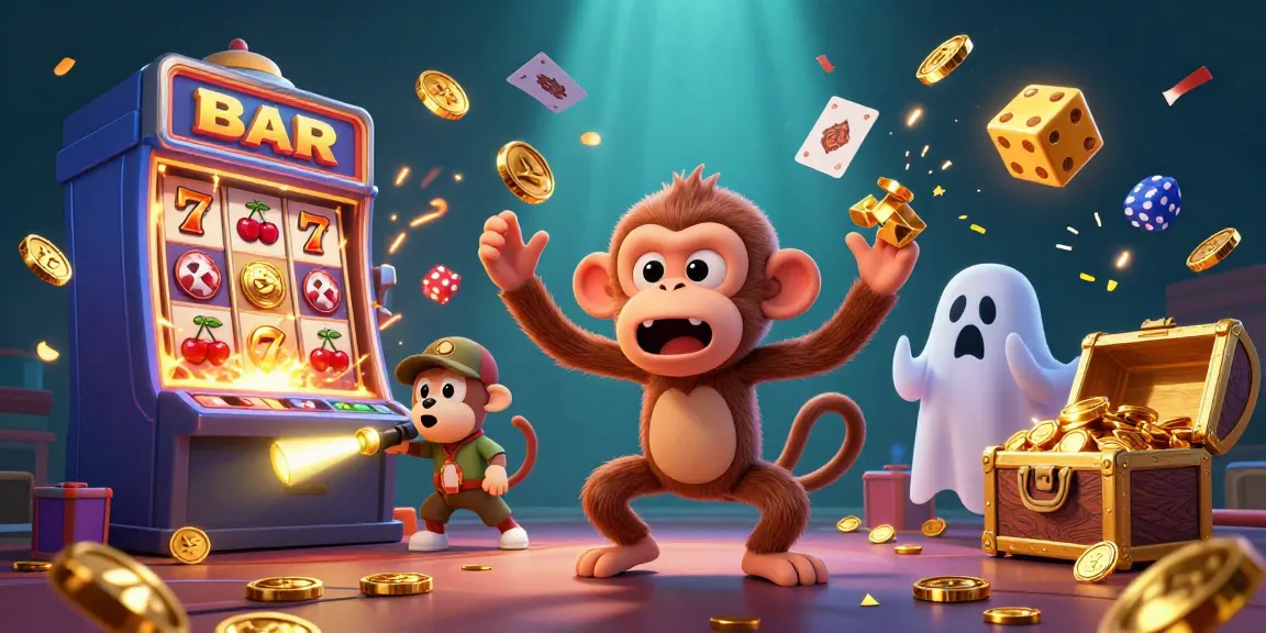 Engage in thrilling casino action with mat-themed characters juggled by a mischievous monkey in a vibrant casino.