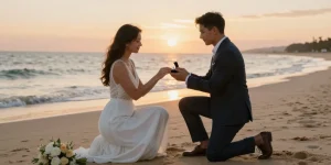 Proposal moment featuring luxury engagement rings on a romantic beach during sunset.