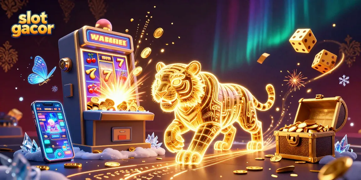 Experience the thrill of slot gacor with a neon golden tiger and dynamic casino symbols in a vibrant digital landscape.