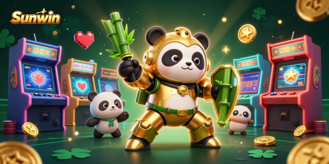 Engage with Sunwin's vibrant casino world featuring a golden panda and colorful arcade elements.