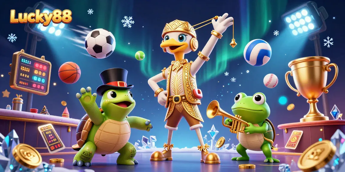 Bet and win big at Lucky88, featuring vibrant characters and sports elements in dynamic casino scene.