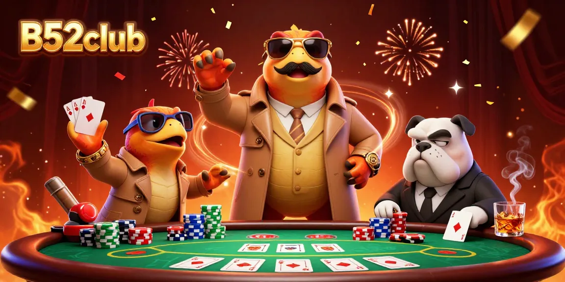 B52club raptors sneak into VIP casino, displaying poker chips and all-in placards.