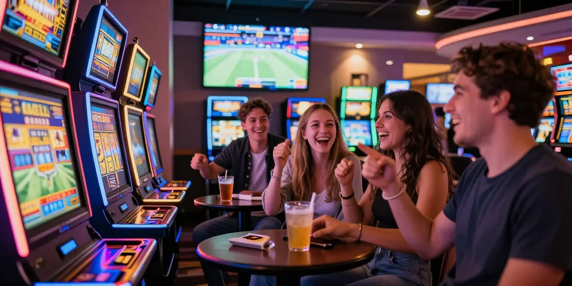 Friends excitedly playing slot games in a vibrant casino setting, showcasing thrilling slot machines.