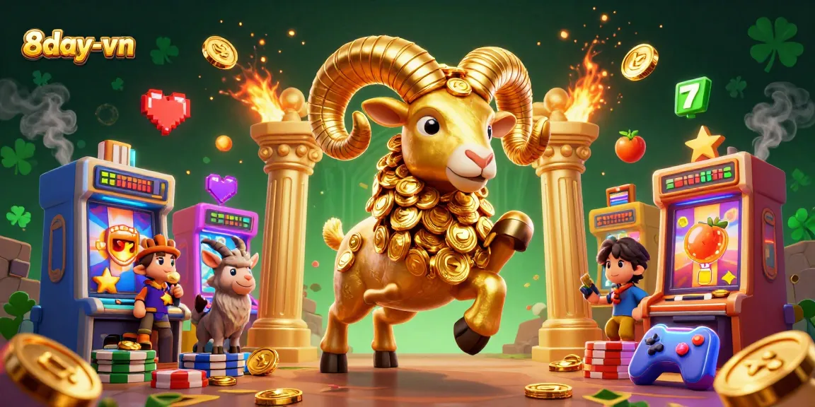 Experience winning moments at 8day-vn with vibrant casino-themed illustration featuring a golden ram and colorful slot machines.