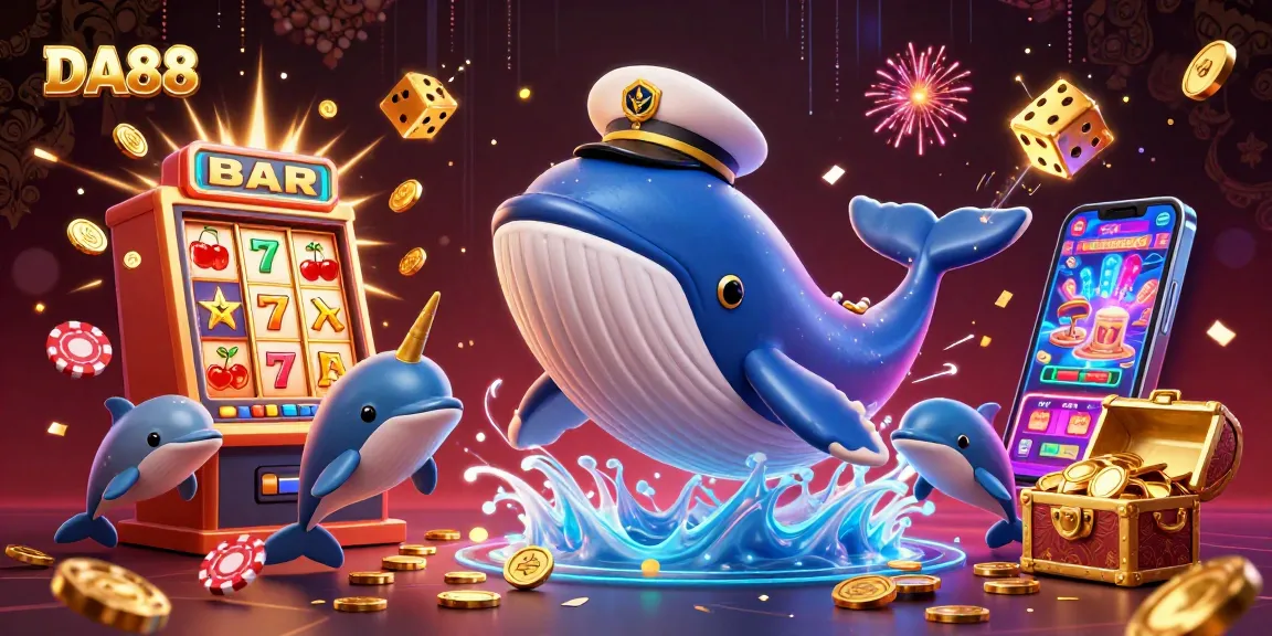 Engage with DA88 through a thrilling 3D casino illustration featuring a whale and slot machines.