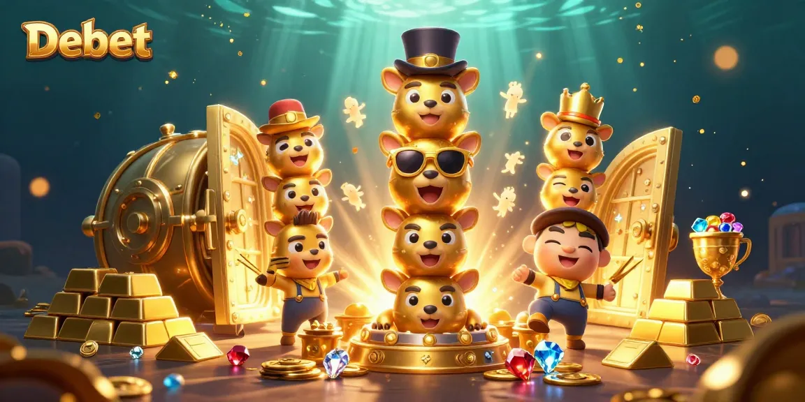 Engage with Debet's vibrant 3D casino scene featuring animated totem pole and treasure elements.