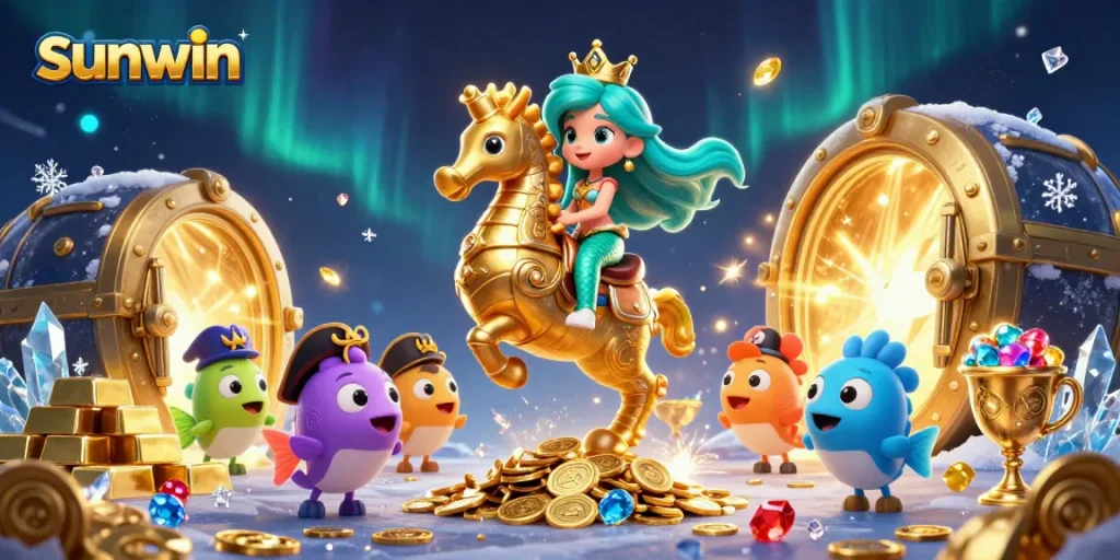 sunwin players enjoy a vibrant 3D scene with a mermaid princess and treasures as they engage in gaming excitement.