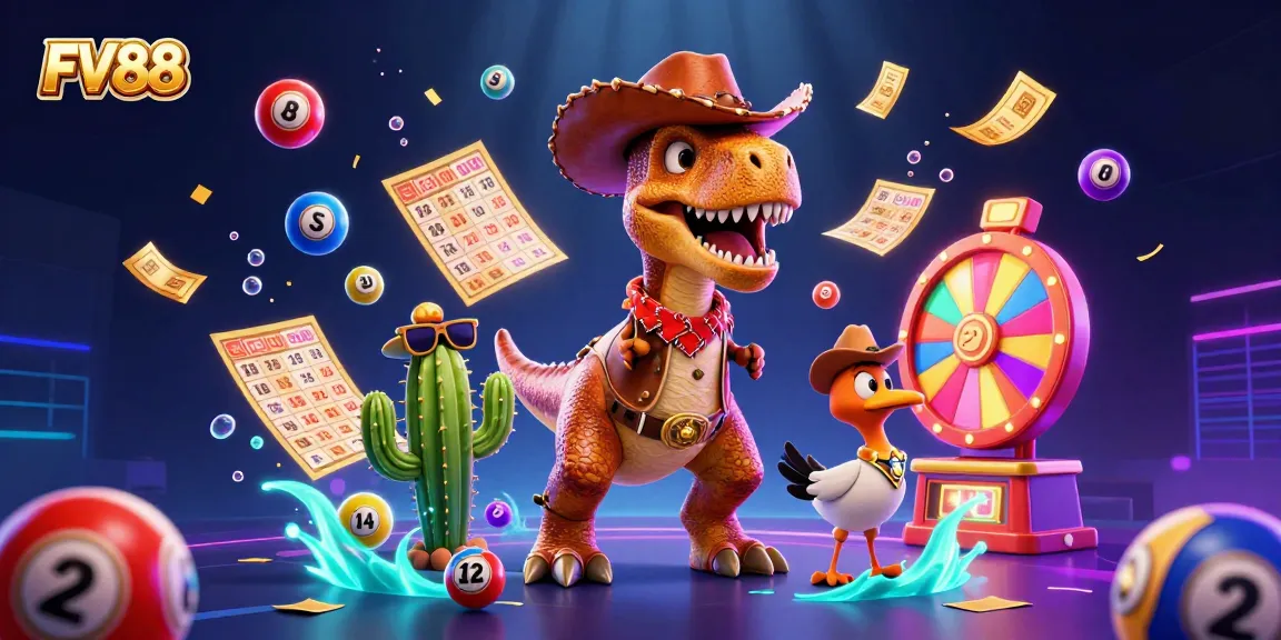 Win exciting prizes with FV88's vibrant lottery scene featuring a colorful dinosaur and friends.