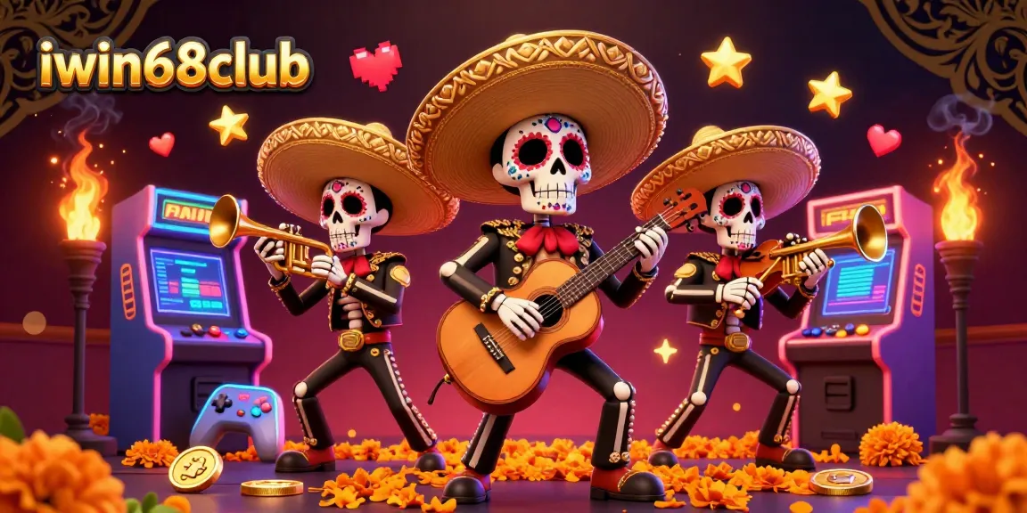 Experience the lively atmosphere of iwin68club with vibrant mariachi skeletons, colorful arcade machines, and casino elements.