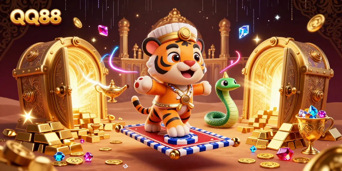 Experience the excitement of QQ88 with a dynamic scene of a tiger sultan flying on a carpet made of poker chips, surrounded by dazzling casino treasures.