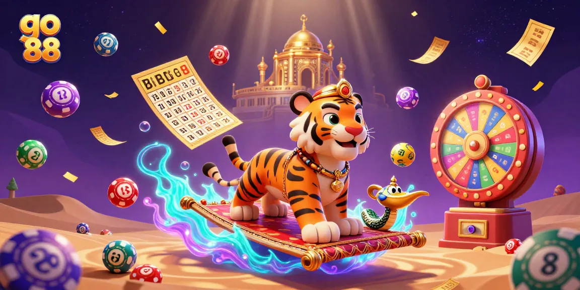 Engage with go 88 in this vibrant scene featuring a tiger sultan on a poker chip carpet amidst a gold palace and lively lottery elements.