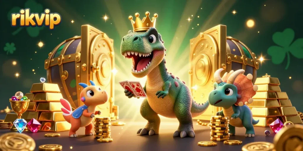 Engage with the thrilling adventures of rikvip at this vibrant 3D casino scene featuring playful dinosaurs amidst treasures.
