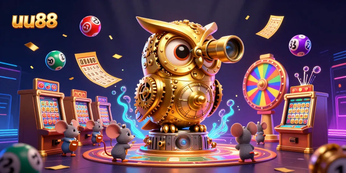 uu88 offers exciting gameplay with a lively illustration of a casino scene filled with colorful lottery balls and animated characters.