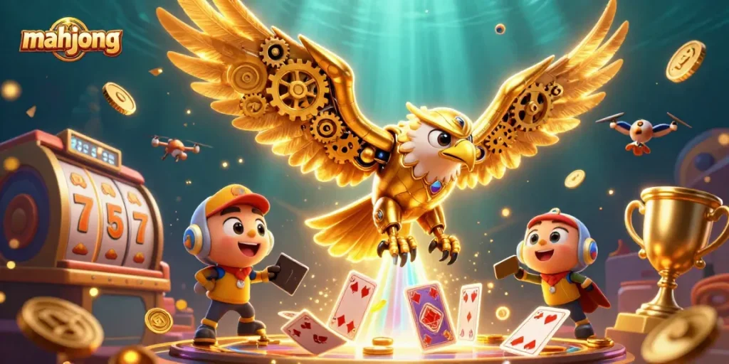 Experience mahjong gameplay with dynamic slot reels, vibrant colors, and animated characters.