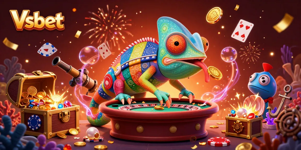Experience excitement at Vsbet, featuring a dynamic chameleon casino owner amidst bursting treasure and casino elements.