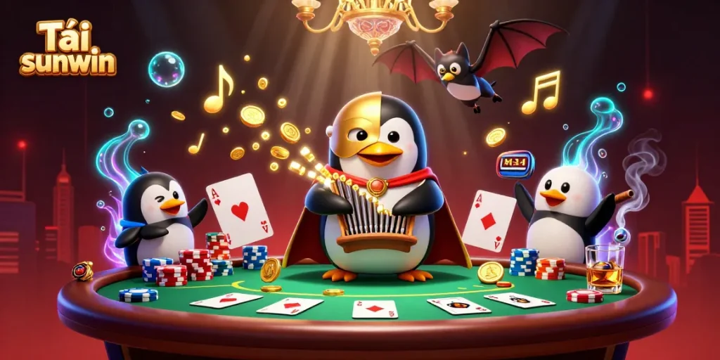 Playing at Tải sunwin with a penguin and bat acrobat amid golden coins and poker action.