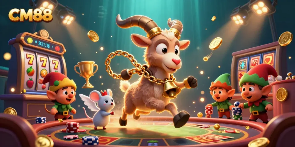 Engage in thrilling gaming at CM88, featuring a festive Krampus goat running a lively casino.