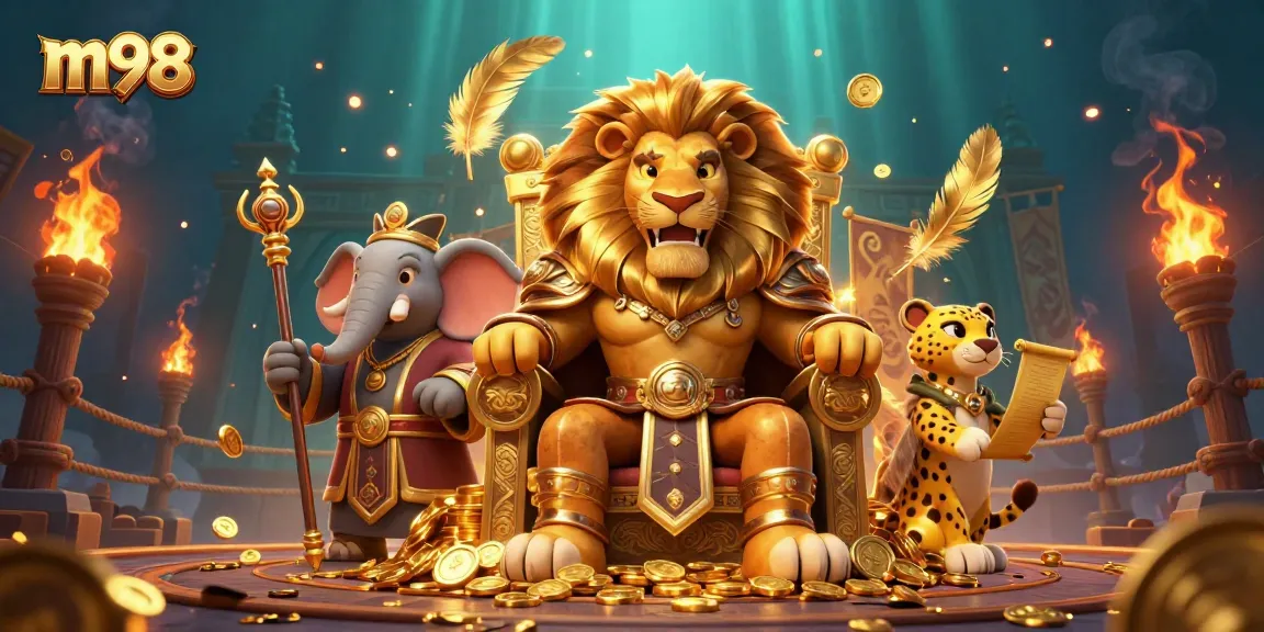 Engage in thrilling m98 casino adventures with a lion king, elephant advisor, and cheetah messenger.