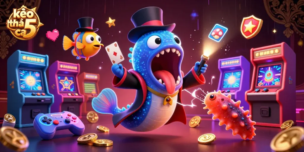 Explore kèo nhà cái 5 with a vibrant, dynamic 3D illustration featuring enchanting aquatic characters in a magical casino setting.