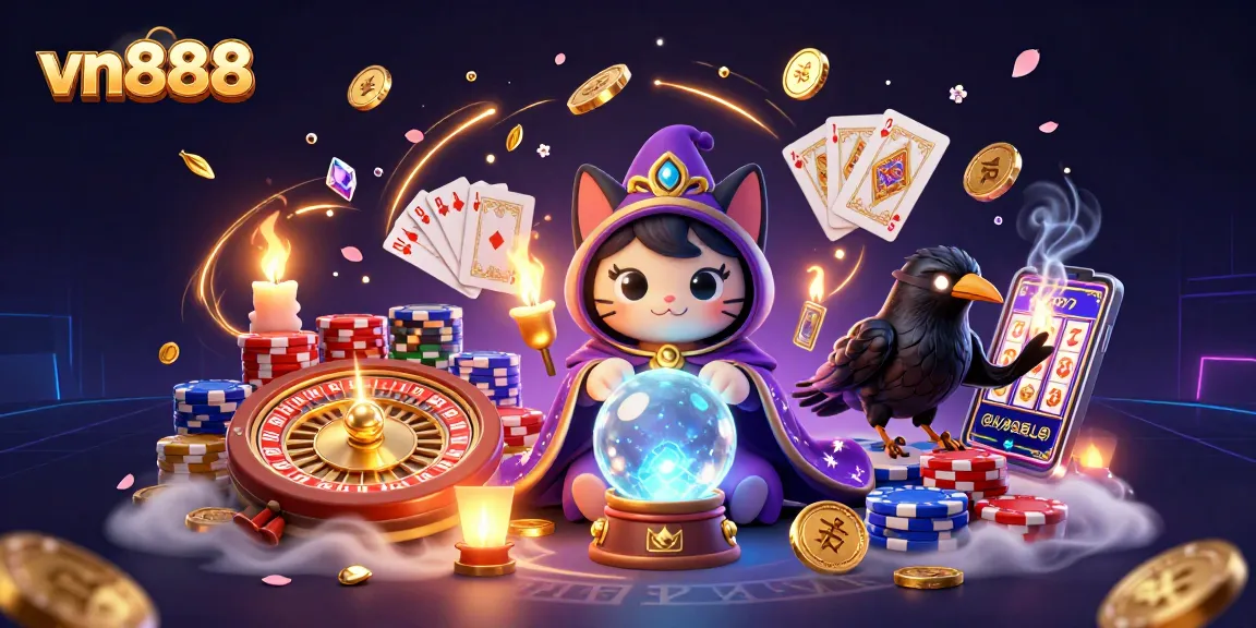 Win big with vn888 in this vibrant casino scene featuring mystical characters and glamorous game elements.