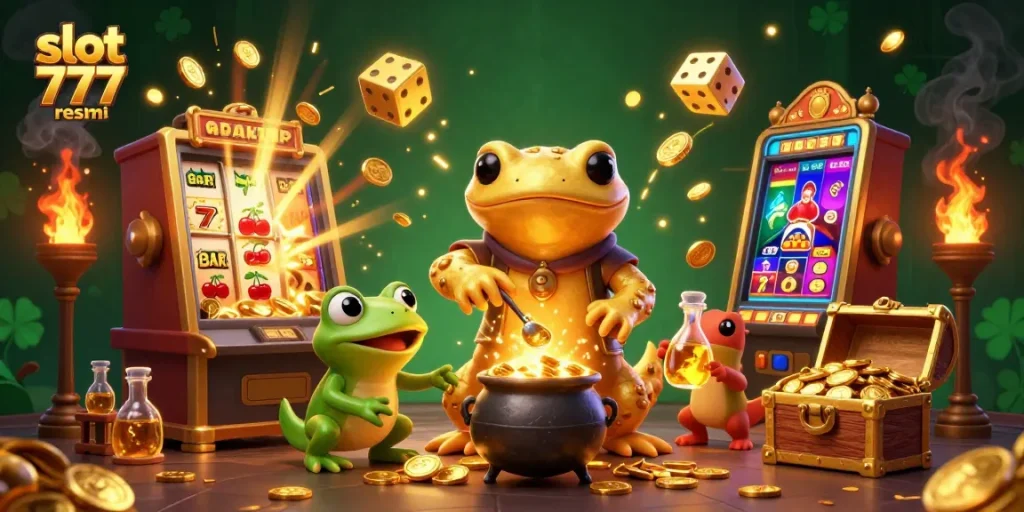Experience the excitement of slot 777 resmi with a magical scene of golden alchemy, casino symbols, and lucky items.